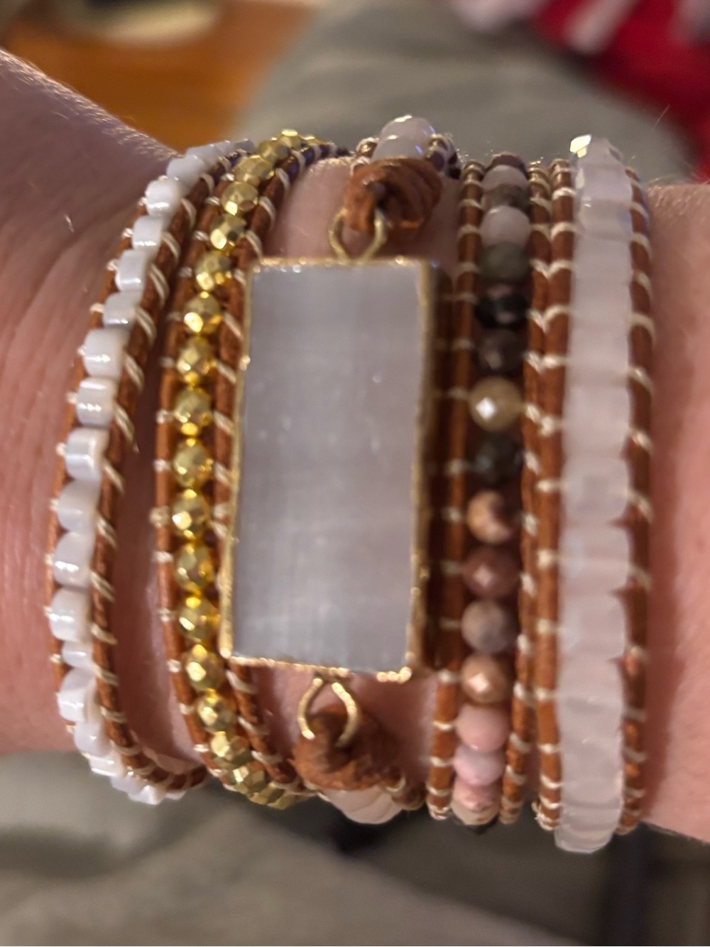 Multi-Row White and Gold Beaded Wrap Bracelet with Tan Leather